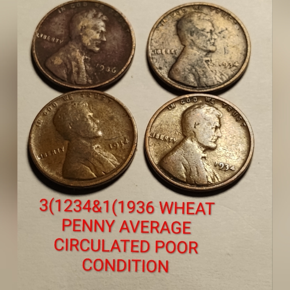 ✅❤️4 Vintage Wheat Pennies Collection Poor Condition3(1934/1/1936/